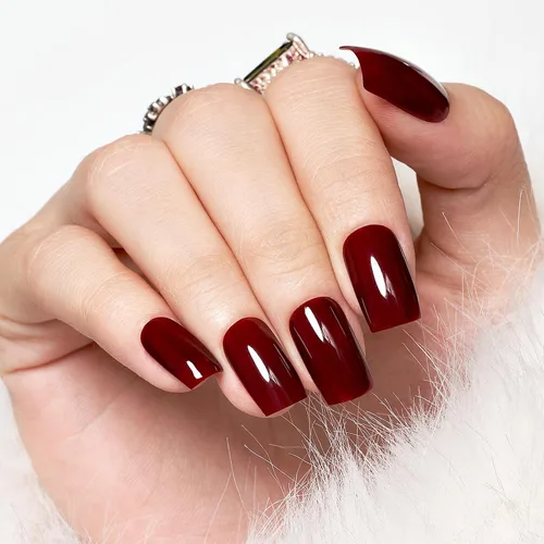 Miniatura 3 de Uñas postizas a presión extra cortas de color rojo cereza, uñas postizas cuadradas medianas, kit de pegamento reutilizable con pestañas adhesivas