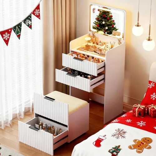 Miniatura 13 de Escritorio de tocador 3 en 1 con espejo abatible y luces, mesa de tocador de maquillaje con parte superior de vidrio con estación de carga, tocador