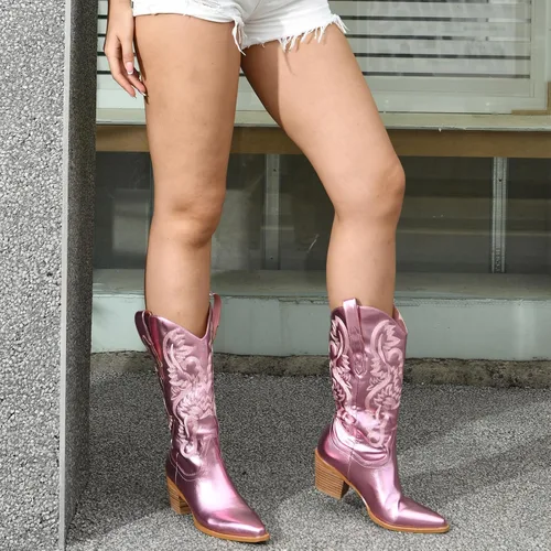 Miniatura 5 de GOSERCE Botas vaqueras para mujer Botas vaqueras metálicas de media pantorrilla con bordado, brillantes, estilo occidental, de pantorrilla ancha
