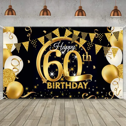 Miniatura 28 de Decoración de fiesta de cumpleaños número 15, cartel póster de tela extra grande negro y dorado para telón de fondo de cabina de fotos
