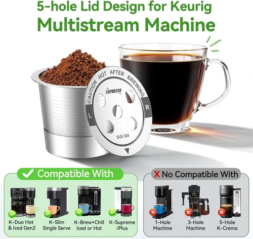 Miniatura 5 de CAPMESSO Tazas K reutilizables para Keurig: cápsulas de café de acero inoxidable actualizadas 2026 con 5 agujeros para Keurig K Supreme, K Slim, K