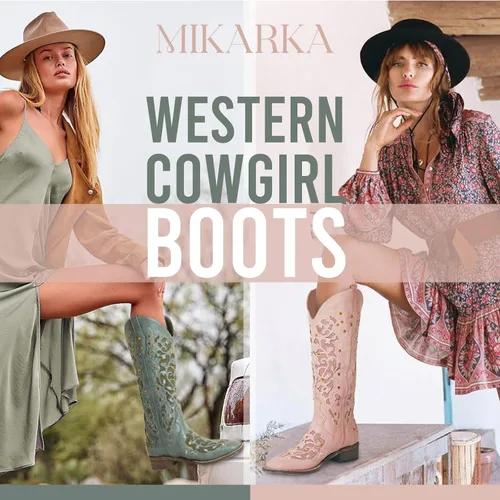 Miniatura 3 de mikarka Botas vaqueras para mujer, con tachuelas bordadas, botas vaqueras de media pantorrilla, botas occidentales de meter, punta cuadrada, tacón