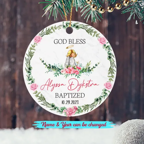 Miniatura 2 de Adorno de Navidad personalizado con texto en inglés "God Bless Bautized" 2025, adornos de bautismo católico, regalos para recién nacido, adorno