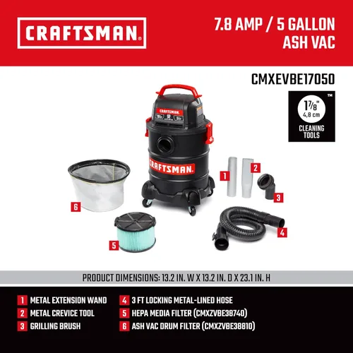 Miniatura 3 de CRAFTSMAN CMXEVBE17050 - Aspiradora para cenizas y parrilla (5 galones, 7.8 amperios) Portable Dry Only Shop Vacuum with Drum Filter, Cartridge