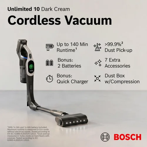 Miniatura 2 de Bosch Unlimited 10 - Aspiradora inalámbrica con 2 baterías incluidas, hasta 140 minutos en total, tubo flexible, cargador rápido, pelo de mascotas