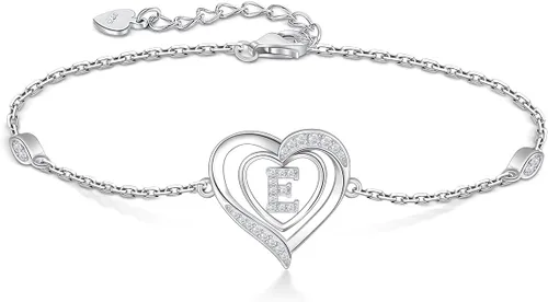 RIVIKO Pulseras de Iniciales de Corazón para Mujeres, Pulseras de Letra de Plata de Ley 925, Joyería de Encanto Personalizado del Alfabeto para San