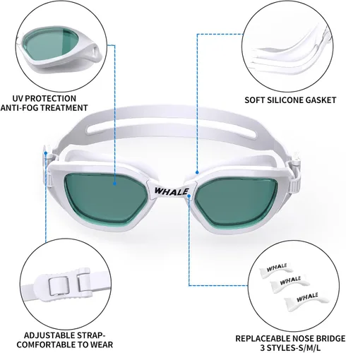 Miniatura 3 de Whale Gafas de natación ópticas para adultos, antivaho y a prueba de fugas, protección UV ajustable -2.0 a -7.0