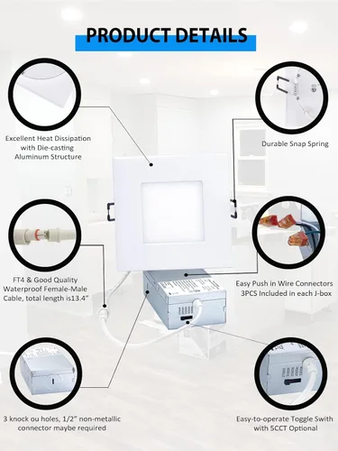 Miniatura 3 de POPANU Iluminación empotrable LED cuadrada de 4 pulgadas, lámpara empotrable sin lata, luz de techo regulable con caja de conexiones, Blanco