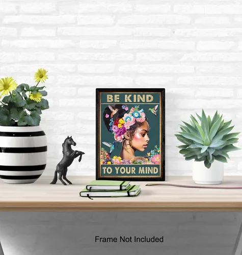 Miniatura 5 de Arte de pared de mujeres afroamericanas negras – Chica negra – Be Kind to Your Mind - Citas inspiradoras - Colibríes Salud mental Póster de arte