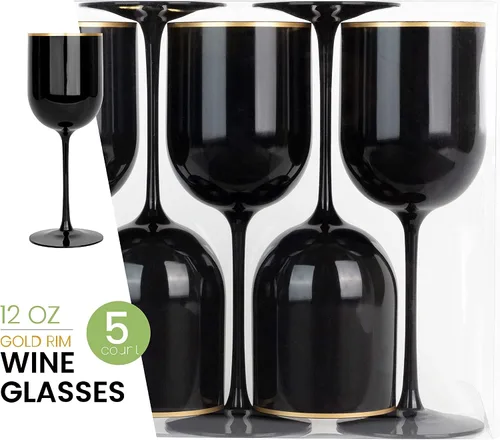 Miniatura 5 de PLASTICPRO Juego de 5 copas de vino de plástico con borde dorado, elegantes copas de vino de plástico duro en tallo de 12 onzas