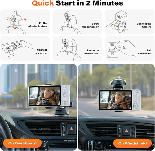 Miniatura 7 de A2C Cámara inalámbrica para automóvil de bebé, monitor de bebé alimentado por USB para asiento trasero y hogar, pantalla