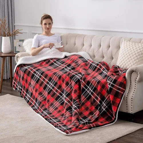Miniatura 5 de SOCHOW Manta de forro polar Sherpa a cuadros de doble cara, súper suave, lujosa manta de cama de 90 x 90 pulgadas, rojo/gris