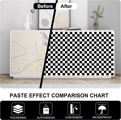Miniatura 6 de Papel tapiz de tablero de ajedrez para despegar y pegar, papel de pared blanco y negro de 17.3 x 160 pulgadas, papel de contacto de mosaico