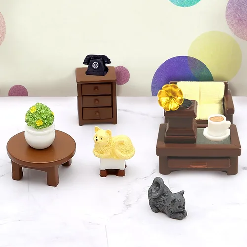 Miniatura 6 de Kit de 23 piezas de mini muebles marrones para casa de muñecas, accesorios de decoración DIY que incluyen juego de comedor, sala de estar