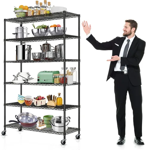 Estantes de almacenamiento de 6 niveles, 2100 libras de capacidad, estante de metal resistente con ruedas, certificado NSF de grado comercial, Negro