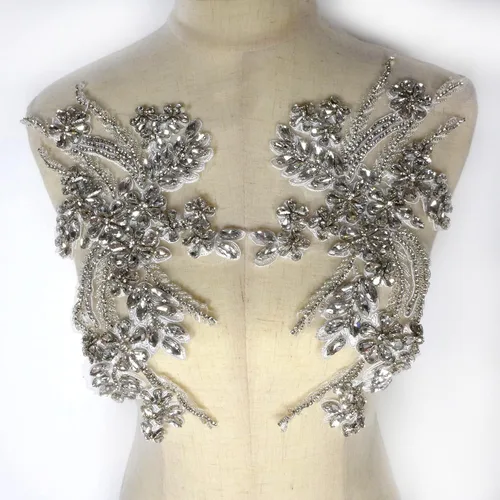Apliques de cuentas de diamantes de imitación, adornos plateados para coser para vestidos de graduación, vestido de novia, tela, decoración de