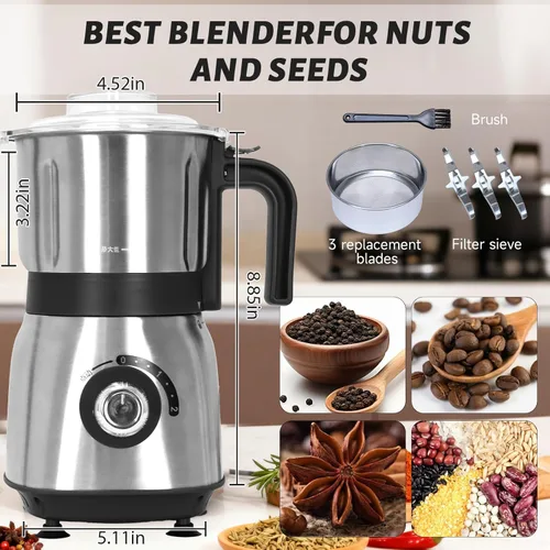 Miniatura 2 de Molinillo de cocina versátil Molinillo eléctrico de 500 W Muele especias, nueces, granos, café 3 cuchillas de acero inoxidable Uso en seco