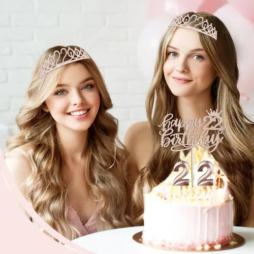 Miniatura 5 de Decoraciones de cumpleaños de 22 años para mujer, que incluyen banda y tiara, adorno para pastel y velas; regalos de cumpleaños de 22 años