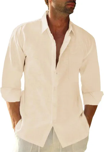 Miniatura 7 de JEKAOYI - Camisas de lino con botones para hombre, de manga larga, ajuste regular, de algodón, camisas de playa con bolsillo