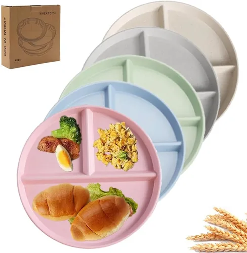 Miniatura 8 de PUPOPIK Juego de 5 platos divididos irrompibles de 9 pulgadas, platos de paja de trigo reutilizables, vajilla de control de porciones, plato redondo