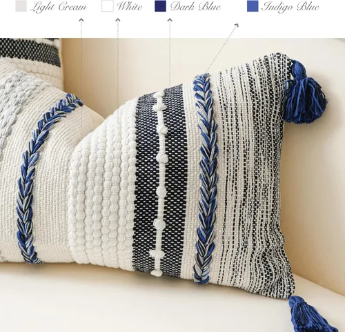 Miniatura 3 de BlissBlush Funda de almohada lumbar decorativa bohemia azul marino de 14 x 36 pulgadas, almohada corporal larga para cama, almohada lumbar Azul