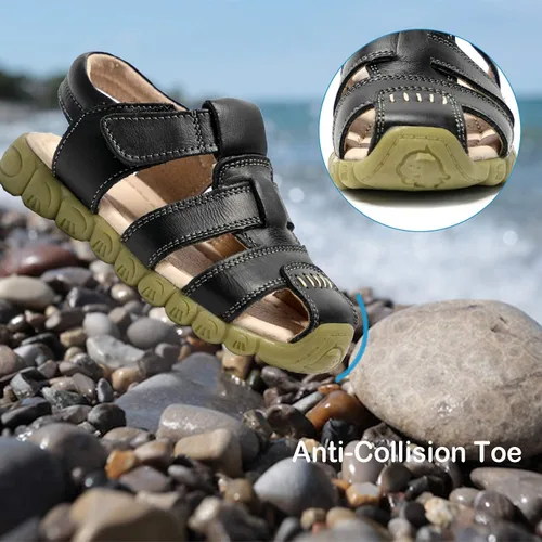 Miniatura 4 de Athlefit Sandalias de cuero para niños y niñas, con puntera cerrada, sandalias de cuero para deportes al aire libre, sandalias casuales, 0 Toddler