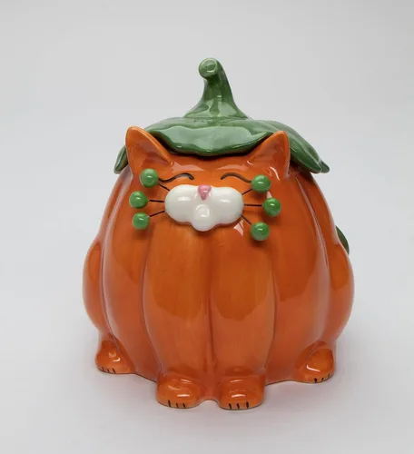 Cosmos Gifts Caja de caramelos con diseño de gato y calabaza de cerámica fina, 14.9 cm H
