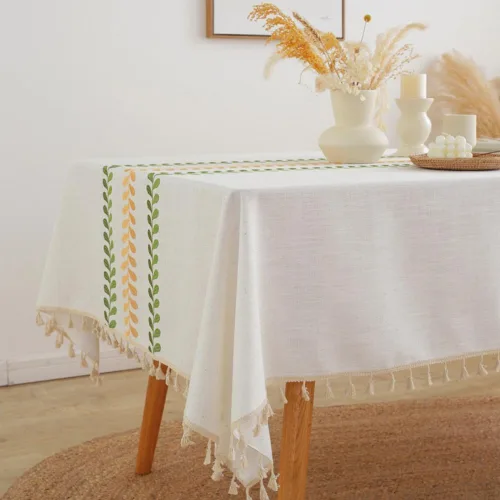 Miniatura 2 de AMZALI Mantel cuadrado de lino de algodón con bordado de hojas, diseño para granja, con borlas, sin arrugas, cubierta de mesa para decoración