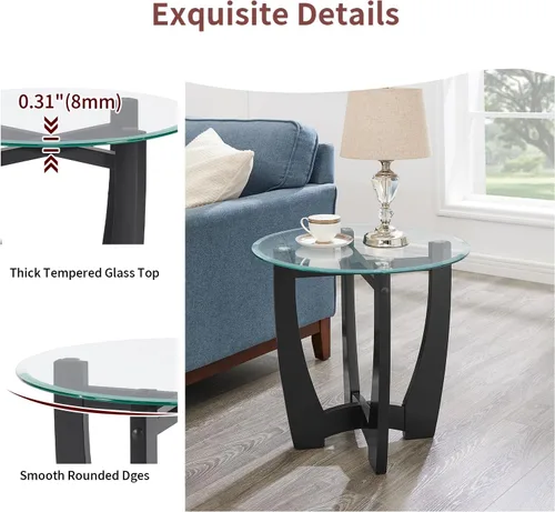 Miniatura 5 de LKTART Mesa auxiliar de vidrio, mesas auxiliares redondas de 23.5 pulgadas con superficie de vidrio templado cruzado y base de madera maciza, mesita