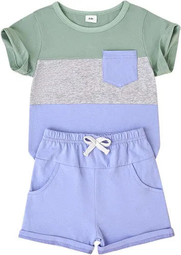 Miniatura 70 de Ropa para bebé niño pequeño, trajes de verano de manga corta, camiseta de retazos y pantalón con bolsillo, conjunto de 2 piezas, 12 meses a 4 años