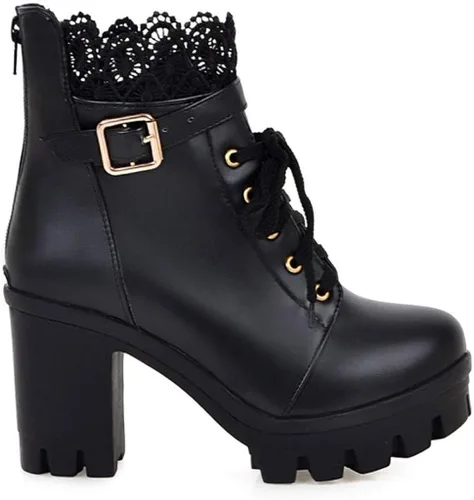 Miniatura 6 de Hbeylia Botas de combate de plataforma para mujer botas de cuero con encaje grueso botines de cuero gótico antideslizantes tacones altos botas