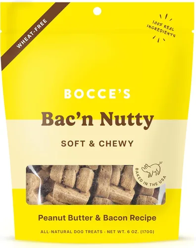 Bocce's Bakery Bac'n Nutty - Golosinas suaves y masticables para perros, sin trigo con sabor a mantequilla de maní y tocino, galletas naturales de