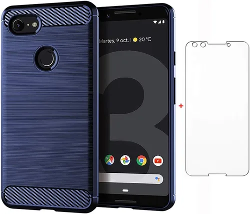 Funda de teléfono para Google Pixel 3 con protector de pantalla de vidrio templado, accesorios para celda, delgada, cuerpo completo, goma de Azul