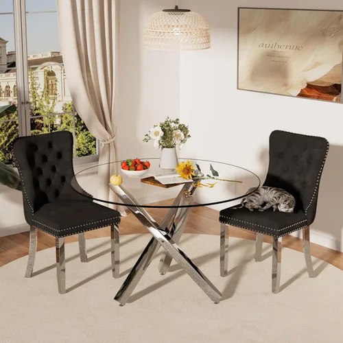 Miniatura 39 de Juego de mesa de comedor redonda de cristal moderno de mediados de siglo para 4, juego de vajilla circular de lujo plateado de 5 piezas, juego