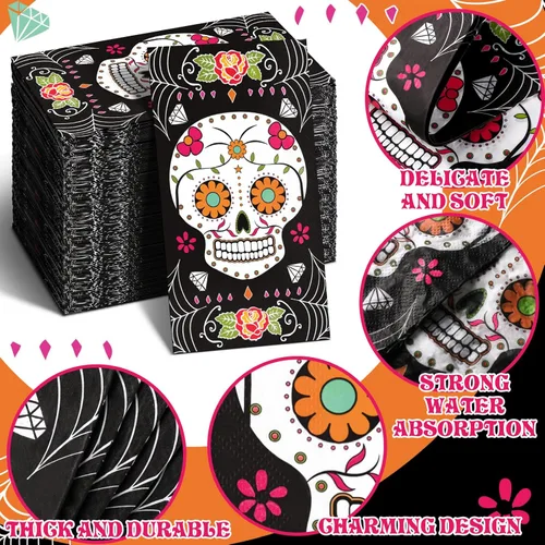 Miniatura 4 de Karenhi 200 servilletas para invitados del Día de los Muertos, 2 capas, diseño de calavera de azúcar, desechables, toallas de mano para baño