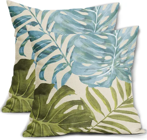 Miniatura 14 de Juego de 2 fundas de almohada de hojas verdes tropicales de 18 x 18 pulgadas, modernas hojas de palmera botánicas decorativas para exteriores