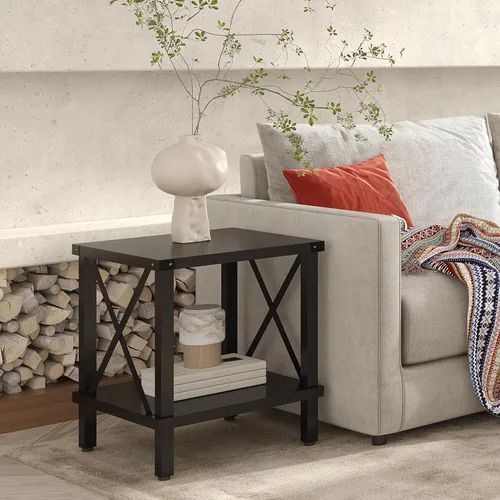 Miniatura 2 de MMEOLUOOK Mesa Auxiliar Grande Estilo Granja Mesa Lateral Estilo Industrial Mesa de Sofá Mesa de Café Metal X Acento Mesa Auxiliar de Madera Mesita