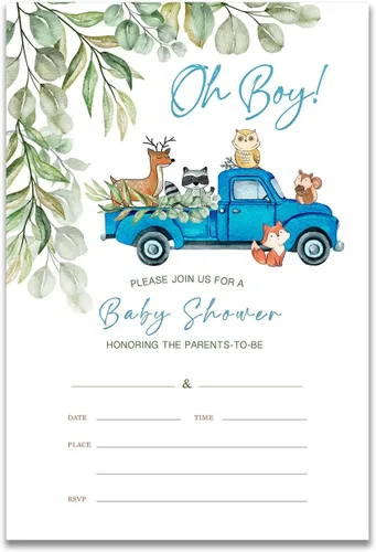 YIDOU Woodland Blue Truck Boy Baby Shower Invitaciones para fiesta de Greenery Woodland Animal Rellenar tarjetas de invitaciones 20 invitaciones y
