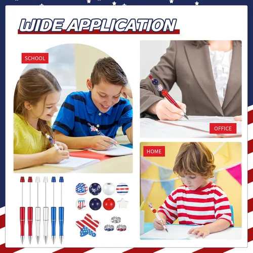 Miniatura 6 de Geyee Juego de 12 bolígrafos con cuentas de la bandera estadounidense, Día de la Independencia, juego de cuentas de madera del 4 de julio, juego