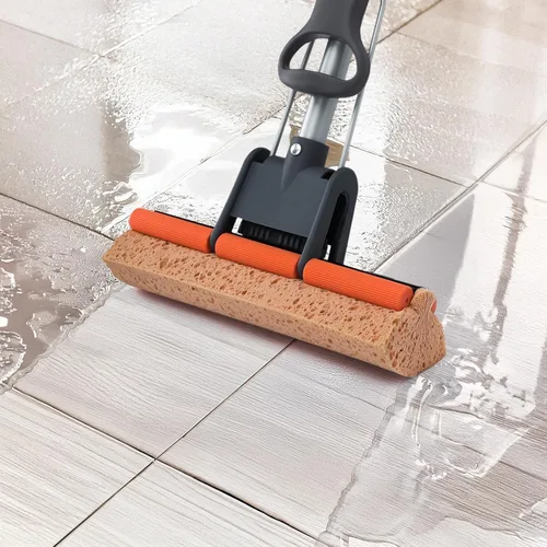 Miniatura 4 de Trapeadores de esponja para limpieza de pisos con 2 recargas de cabezal de mopa de celulosa y mango largo de 55”, trapeador de rodillo resistente