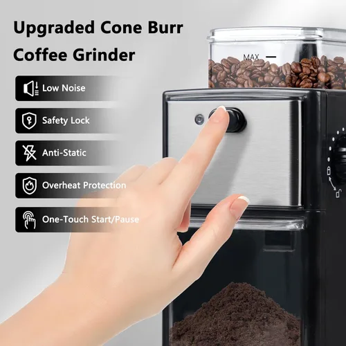 Miniatura 5 de Molinillo de café eléctrico para uso doméstico, molinillo de granos de café con 12 ajustes de molienda para expreso, goteo y prensa francesa