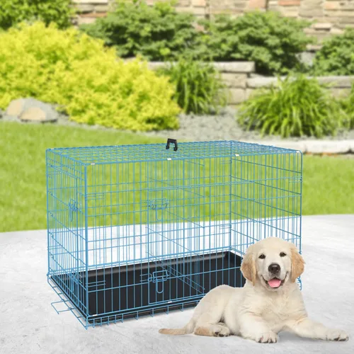 Miniatura 2 de BestPet Jaula para perros 24 pulgadas Azul Perrera de metal plegable con puertas dobles, pestillos seguros de perno deslizante, bandeja a