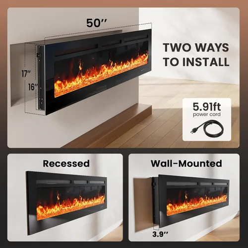 Miniatura 7 de Silonn Calentador de Chimenea Eléctrica Inteligente de 50″ con Aplicación y Control Remoto, Salida de Calor de 5300 BTU, Insertos de Chimenea