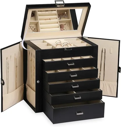 Frebeauty Joyero grande, organizador de joyas de piel sintética de 6 niveles con cerradura, estuche de almacenamiento multifuncional con espejo,