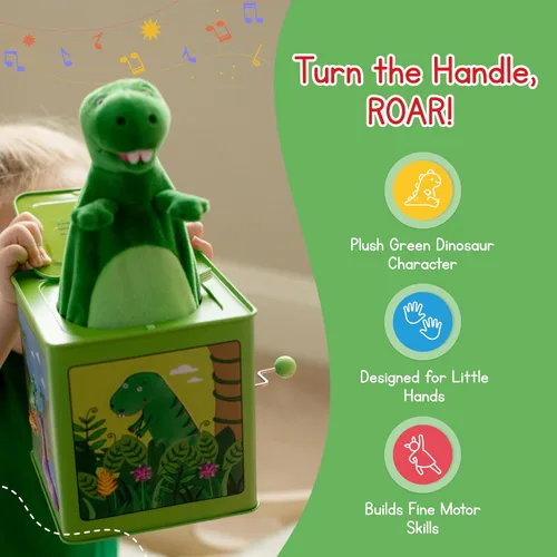 Miniatura 4 de Jack Rabbit Creations Dinosaurio Jack in the Box, lata musical, pop-up de felpa, reproduce Twinkle Twinkle Little Star, causa y efecto, regalo