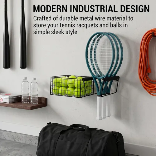 Miniatura 2 de MyGift Raqueta de tenis de metal colgante y cesta de almacenamiento de pelota de tenis, soporte de raqueta montado en la pared