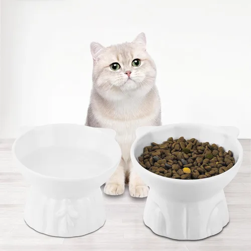 Miniatura 7 de Paquete de 2 cuencos elevados para gatos, platos elevados de cerámica para alimentos y agua para gatos, diseño extra ancho y poco profundo, Blanco