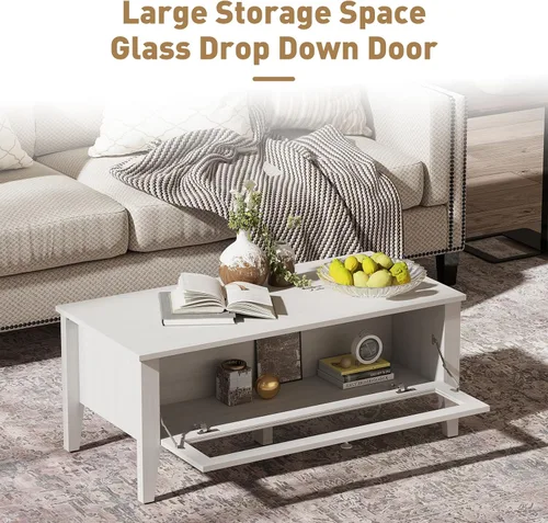 Miniatura 7 de Bonzy Home Mesa de centro moderna blanca con almacenamiento de puerta de vidrio, mesa central rectangular de madera para sala de estar, 39.4 x 18.9