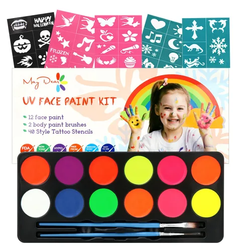 Miniatura 12 de Maydear Kit de Pintura Facial para Niños, Paleta de Maquillaje a Base de Agua de 32 Colores con Plantillas, Brillos, Pastel de Arcoíris Dividido