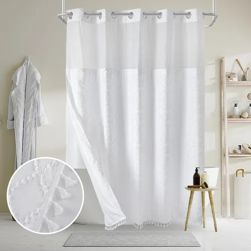 Miniatura 9 de Cortina de ducha de tela pesada sin gancho con forro de imanes a presión, cortina de baño gruesa con borla transparente en la parte superior